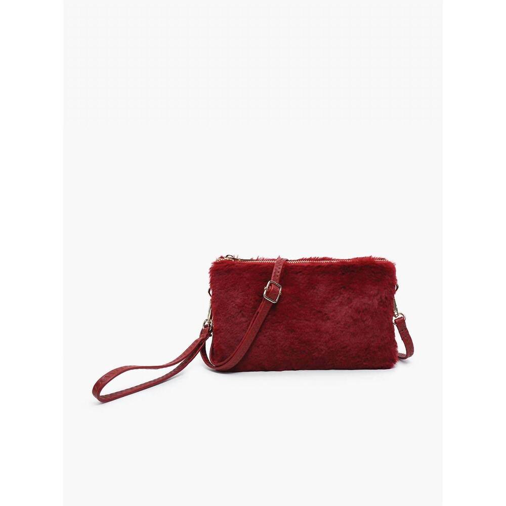 NEW JEN & CO. women's riley fur three compartment crossbody wristlet bag in wine